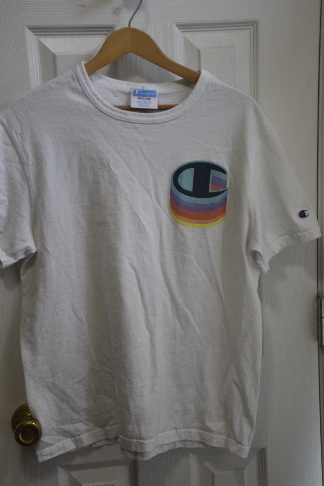 Vtg Blue Bar Tag Champion T Shirt With Rainbow Logo Sz M Lsc028